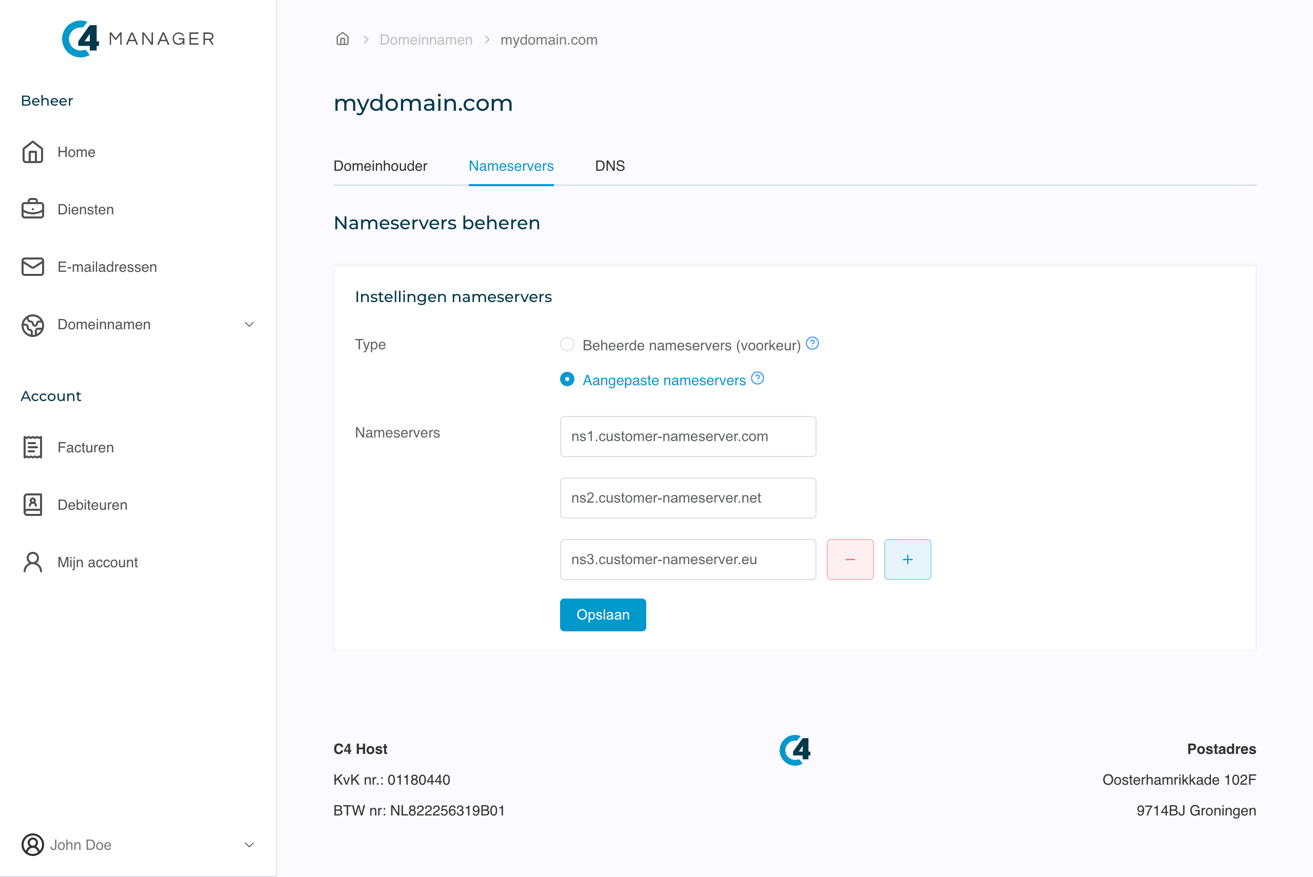 Screenshot van het beheren van de nameservers van een domein in het C4 Host klantenpaneel.