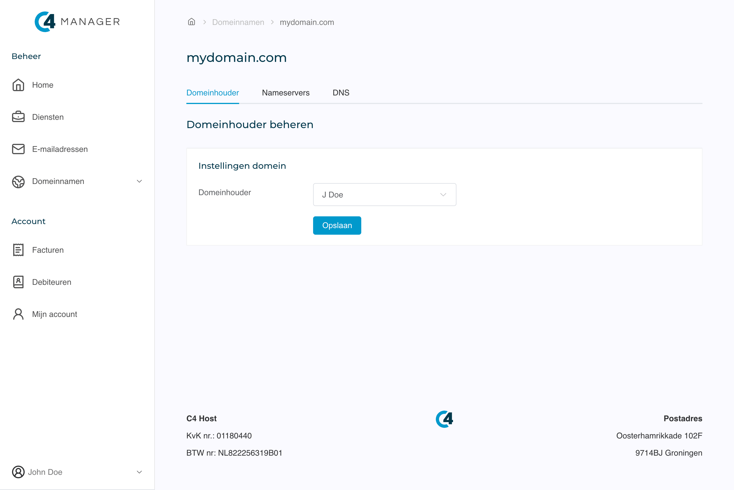 Screenshot van het koppelen van een domeinhouder aan een domein in het C4 Host klantenpaneel.