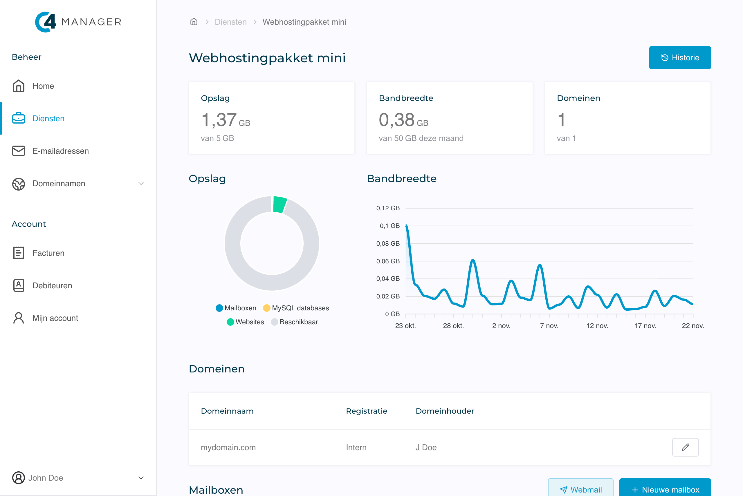 Screenshot van het overzicht van een webhostingpakket in het C4 Host klantenpaneel.